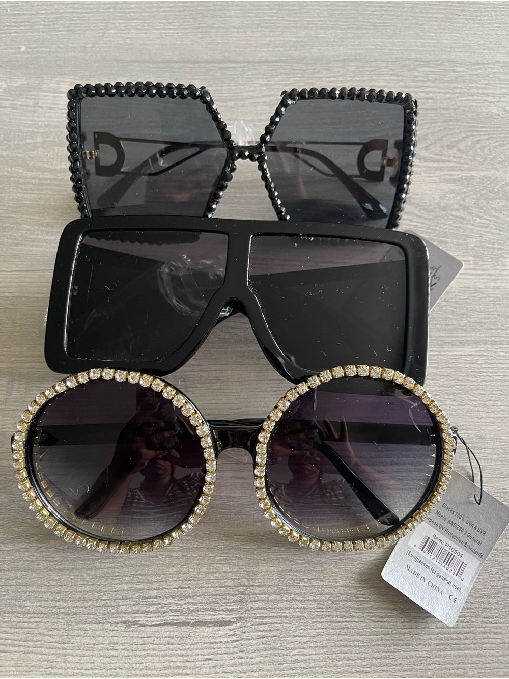 3 Pair Black Women's Fashion Sunglasses with Crystal Trim